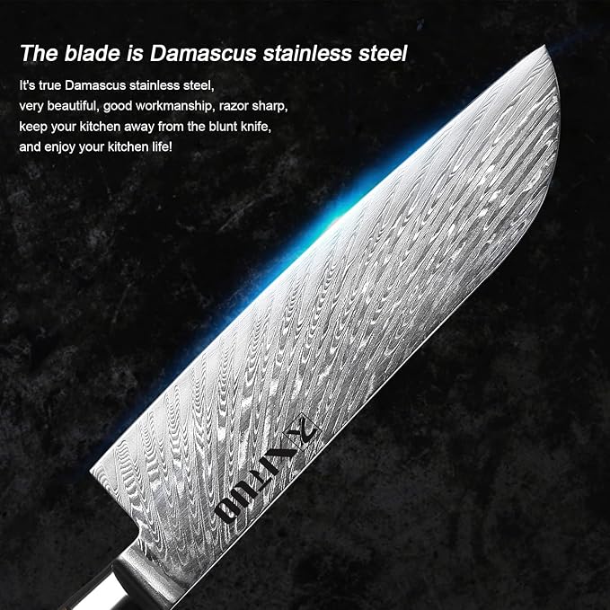 XITUO 7-Inch Santoku Knife, 67-Layer Japanese Damascus Steel Chef Knife, Ultra Sharp Kitchen Knife with Ergonomic Blue Resin & Wood Handle, Gift Box