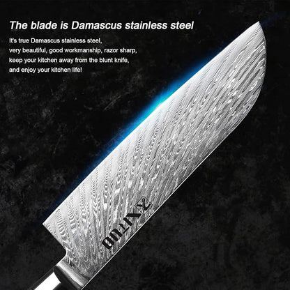 XITUO 7-Inch Santoku Knife, 67-Layer Japanese Damascus Steel Chef Knife, Ultra Sharp Kitchen Knife with Ergonomic Blue Resin & Wood Handle, Gift Box