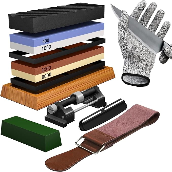 YeopAsda Knife Sharpening Stone Kit, Premium 4 Side Grit 400/1000 3000/8000 Whetstone Knife Sharpener Tool, Non-Slip Bamboo Base,Cut Resistant Gloves, Angle Guide