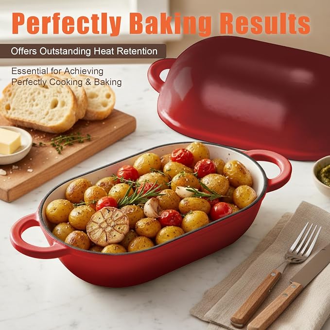 Enameled Cast Iron Oval Dutch Oven Pot with Lid, 5 QT Dutch Oven for Sourdough Bread Baking, Bread Loaf Pan with Lid & Bread Oven (Red)