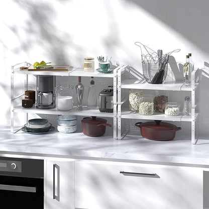 Expandable Cabinet Shelf Organizer Adjustable Metal Spice Rack Stackable Freestanding Counter Storage Shelves for Kitchen Cabinet Under Sink Office Desk (White - 1Pack - L16.5-27'' * W10.2'' * H9.6'')
