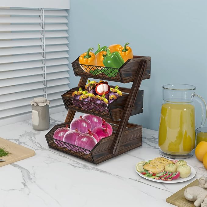 Dorhors Fruit Basket for Kitchen,Fruit Bowl,Kitchen Counter Organizer,Wooden Vegetable Holder for Countertop,Bread Storage Basket Stand(3 Tier)
