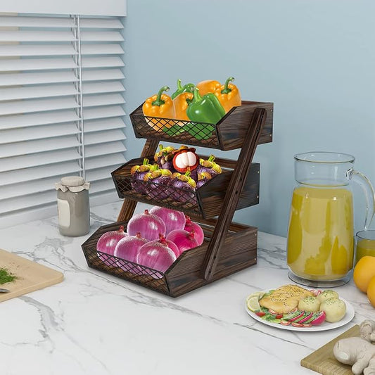 Dorhors Fruit Basket for Kitchen,Fruit Bowl,Kitchen Counter Organizer,Wooden Vegetable Holder for Countertop,Bread Storage Basket Stand(3 Tier)
