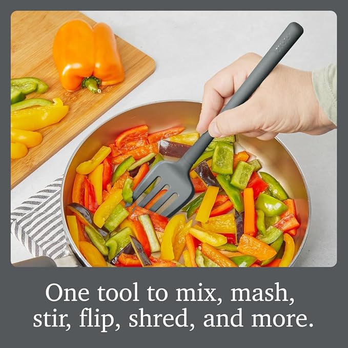 Tovolo Flex Core Silicone Fork Charcoal Gray Large Cooking Fork for Spaghetti Twirling Mixing Shredding, Heat Resistant Silicone Fork Kitchen Utensil, BPA Free Spaghetti Twirling and Cooking Fork