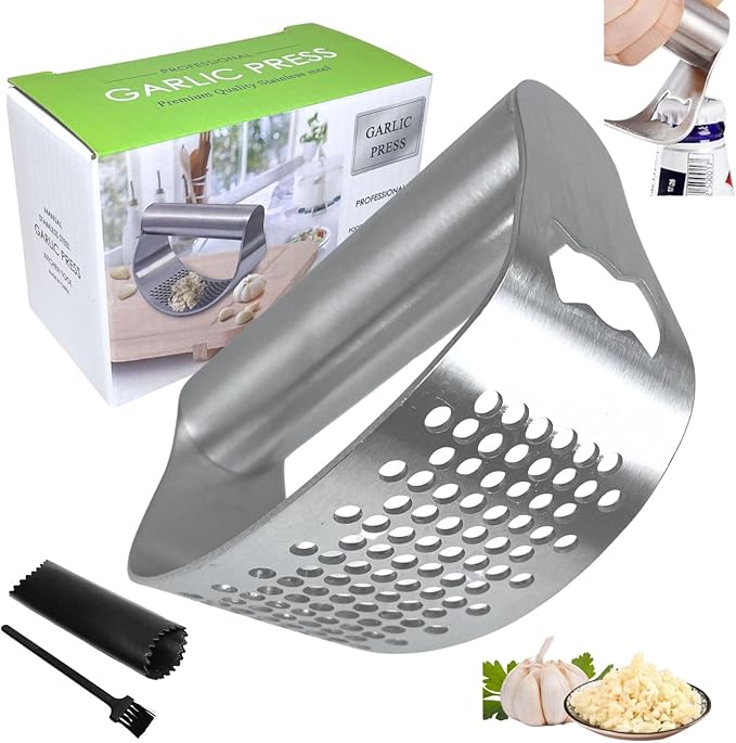 Stainless Steel Garlic Press Rocker with Bottle Opener, 304 Heavy Duty Garlic Mincer & Crusher Tool with Peeler and Cleaning Brush, Easy-Clean Garlic Chopper Kitchen Gadget