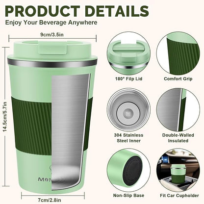 MOMSIV 12oz Travel Mug, Insulated Coffee Cup with Leakproof Lid, Vacuum Stainless Steel Double Walled Reusable Tumbler for Hot and Cold Water Coffee and Tea In Travel and Car (Green-380ml)