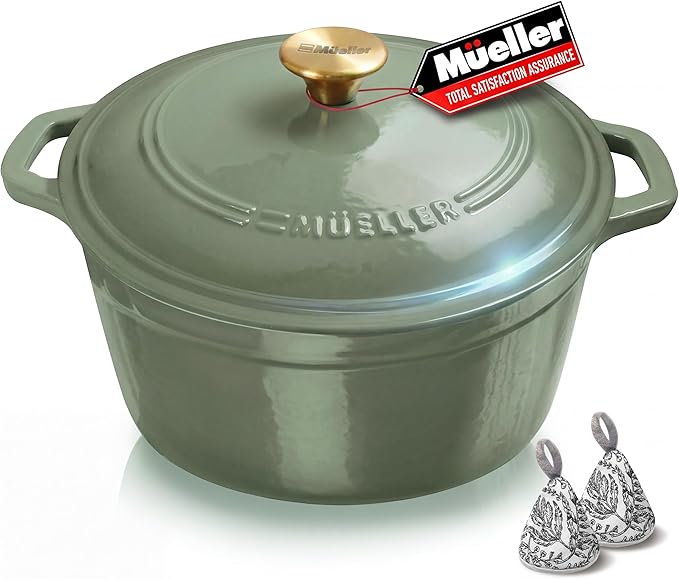 MUELLER HOME 6 Quart Enameled Cast Iron Dutch Oven For Sourdough Bread Baking, Heavy-Duty, Oven-Safe up to 500° F & Across All Cooktops, Casserole Dishes, Green Kitchen Accessories, Thyme Green
