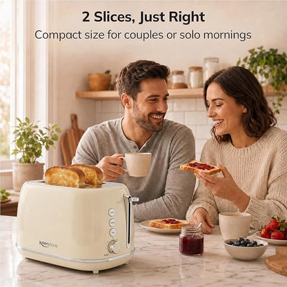 Toasters 2 Slice Retro Stainless Steel Toasters with Bagel, Cancel, Defrost Function and 6 Bread Shade Settings Bagel Toaster, Beige