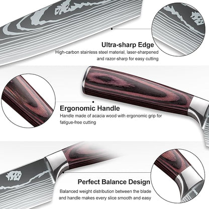 Dfito Kitchen Knife Set, 15 Pieces Knife Set with Block and Sharpener, High Carbon Stainless Steel Chef Knives Set with Red Pakkawood Handle for Home Cooking, Dishwasher Safe