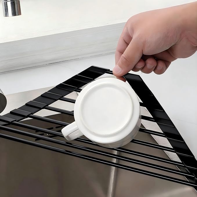 Triangle Roll Up Dish Drying Rack Over The Sink, Anti-Rust with Full Silicone-Coated Stainless Steel Frame Fits, Organizer for Kitchen