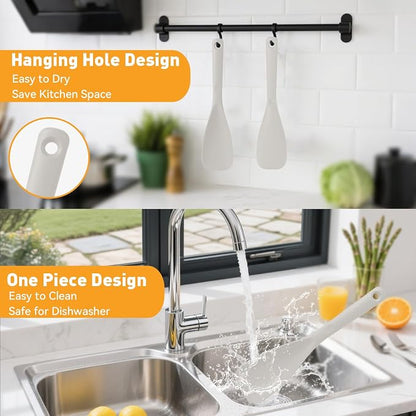 12.6" Extra Long Silicone Spatula Spoon for Nonstick Cookware, Seamless One-Piece Design Cooking Spoon with Built-in Tool Rest for Mixing, Scoop and Scrape, Dishwasher Safe, 2 Pack, Khaki