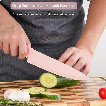 Pink Knife Set with Wood Block, 14-Piece Aesthetic Kitchen Knife Sets for Women,Non Rust Sharp Stainless Steel Knives With Sharpener,Gifts for Modern Kitchen Decor