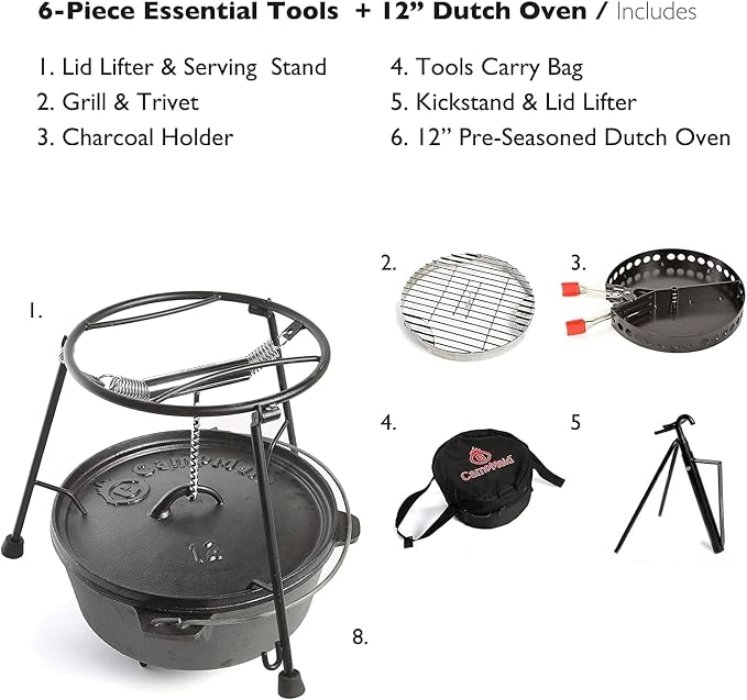 CampMaid Outdoor Cooking Set - Dutch Oven and Tools Set - Charcoal Holder & Cast Iron Grill Accessories - Camping Grill Set - Outdoor Cooking Essentials - Camp Kitchen Equipment - (6 Piece Set)