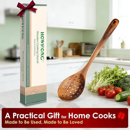HOWHONG Slotted Spoon Wooden Cooking Utensil, Long Handle Acacia Wood Spoon for Cooking, Draining Spoon for Vegetables Pasta and Frying, Nonstick Cookware Safe, Bare Wood Feel for Daily Kitchen Use