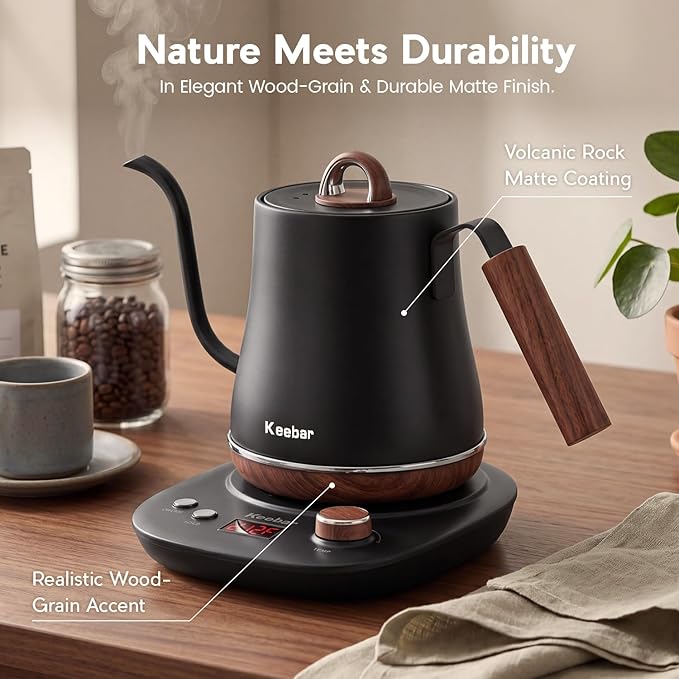 Electric Kettle, 1000W Quick Heating Gooseneck Kettles, 1.0L/33.82oz, 0.8mm Ultra-Fine Spout, Precise Water Flow Control, 304 Stainless Steel Inner, Auto Shut-Off, Boil Dry Protection, Matte Black