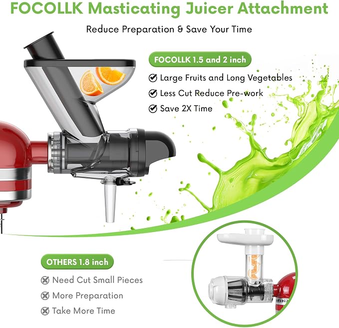 FOCOllK Masticating Juicer Attachment for KitchenAid Stand Mixer - Cold Press Dual Feed Chute Accessory, Slow Juicing Parts for Fruits & Vegetables