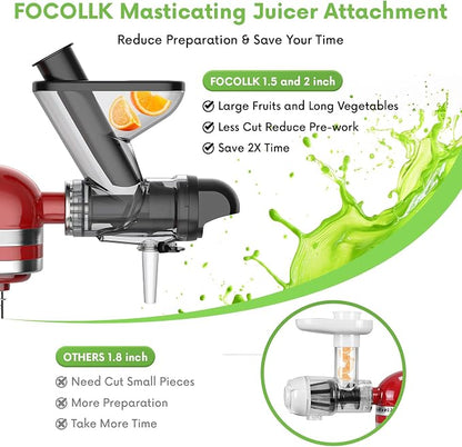 FOCOllK Masticating Juicer Attachment for KitchenAid Stand Mixer - Cold Press Dual Feed Chute Accessory, Slow Juicing Parts for Fruits & Vegetables