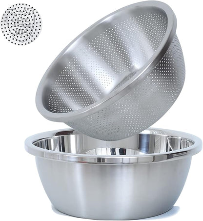 Paoli 304 Stainless Steel Fine Mesh Colander Set, 1.5QT Large Capacity Strainer with Mixing Bowl — Rinse Fruits, Veggies, Rice & Drain Pasta, Dishwasher Safe (2-Piece)