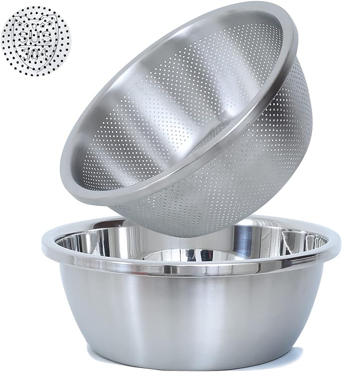 Paoli 304 Stainless Steel Fine Mesh Colander Set, 2.5QT Large Capacity Strainer with Mixing Bowl — Rinse Fruits, Veggies, Rice & Drain Pasta, Dishwasher Safe (2-Piece)
