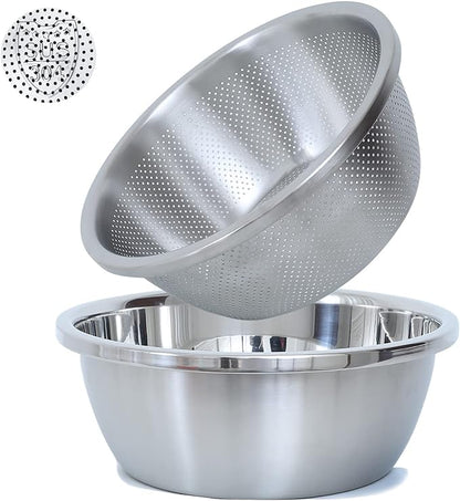Paoli 304 Stainless Steel Fine Mesh Colander Set, 2.5QT Large Capacity Strainer with Mixing Bowl — Rinse Fruits, Veggies, Rice & Drain Pasta, Dishwasher Safe (2-Piece)