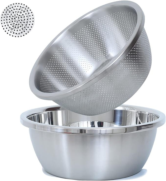 Paoli 304 Stainless Steel Fine Mesh Colander Set, 2.5QT Large Capacity Strainer with Mixing Bowl — Rinse Fruits, Veggies, Rice & Drain Pasta, Dishwasher Safe (2-Piece)
