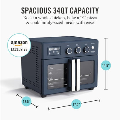 Martha Stewart French Door Air Fryer Toaster Oven Combo, 34QT Countertop Convection, 12-in-1, Bake, Broil, Roast, Fits 12” Pizza, Dehydrate, 5 Accessories, Air Fry Basket, Stainless Steel, Indigo Blue