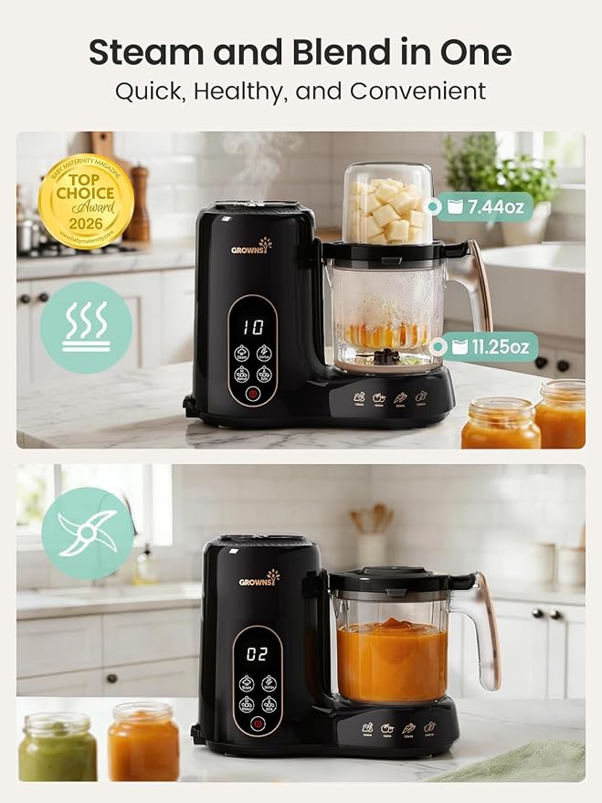 Grownsy Baby Food Maker with Dual-Layer Steam Basket | Baby Food Processor for Starting Solids & Babies 6+ Months | Steamer Blender & Puree Machine for Healthy Baby Food, BPA-Free,Black & Gold