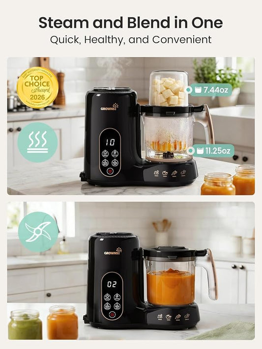 Grownsy Baby Food Maker with Dual-Layer Steam Basket | Baby Food Processor for Starting Solids & Babies 6+ Months | Steamer Blender & Puree Machine for Healthy Baby Food, BPA-Free,Black & Gold