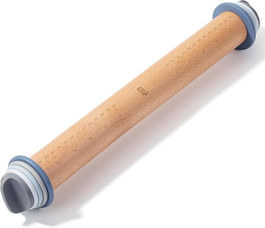 BAMBOO LAND- Adjustable Rolling Pin with Thickness Rings for Baking, 13.8", 4 Pastel Colored Thickness Rings (2-10 mm or 1/16"-3/8"), Wood Rolling Pins for Baking, Bread, Pizza Doughs
