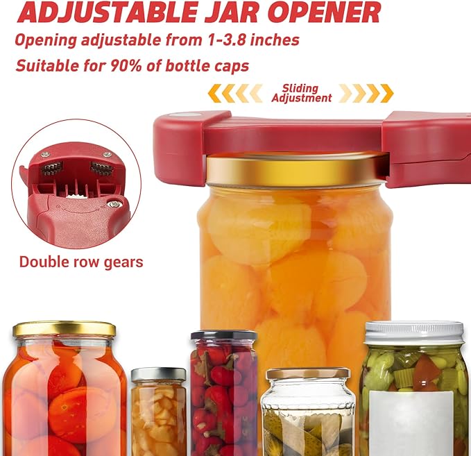 Jar Opener for Seniors with Arthritis, 7 in 1 Bottle Opener and Wine Corkscrew, Easy Grip Kitchen Gadget for Weak Hands Elderly, Retractable Jaw Lid Opener with Magnetic Storage (Red)