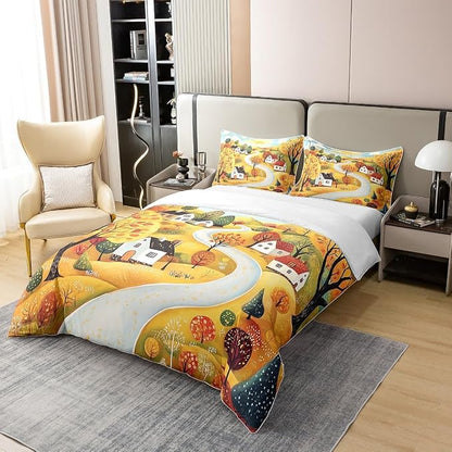 Full Size Comforter Cover Autumn Rustic Farmhouse 100% Cotton Bedding Set Cartoon Landscape Painting Duvet Cover for Bedroom Gifts Maple Leaves Tree Bedding Set 3 PCS,Comforter Not Included