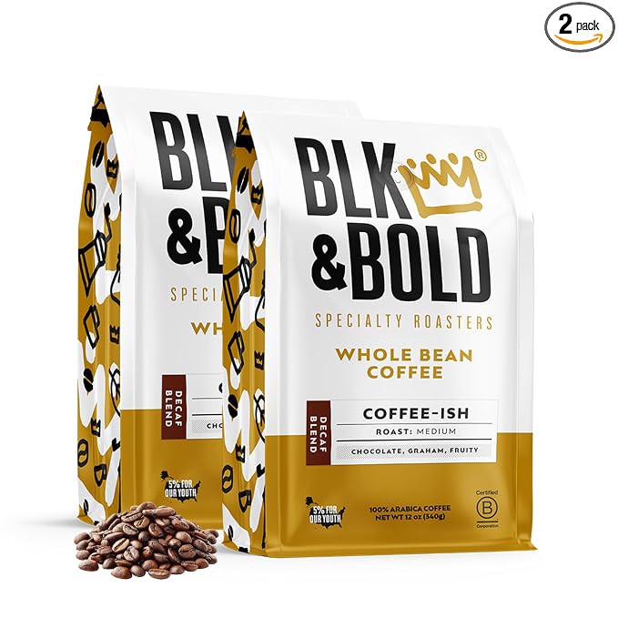 BLK & Bold Whole Bean Coffee, Coffee-ish Decaf Medium Roast, Coffee Beans, Chocolate Graham Fruit Notes, Fresh Roasted Decaf Coffee for Drip, French Press, Cold Brew & Espresso, 12 oz Bags (2 Pack)