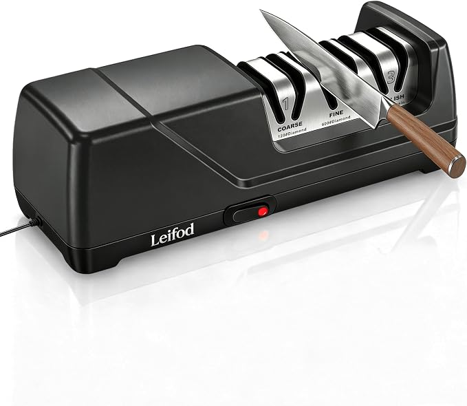 Electric Knife Sharpener, 3-Stage Kitchen Knife Sharpener with 15° Precision Angle Guide,100% Diamond Abrasives, Fast Sharpen Repair Polish Sharpener for Chef Knives Home Kitchen Beginner Use,Black