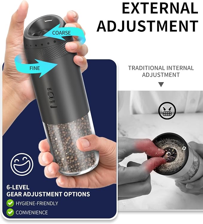 CIRCLE JOY Rechargeable Electric Salt and Pepper Grinder Set with Base, Automatic Pepper Mills with 110ml Container, External Adjustable Coarseness, White Led Light and One-Handed Operation, Black