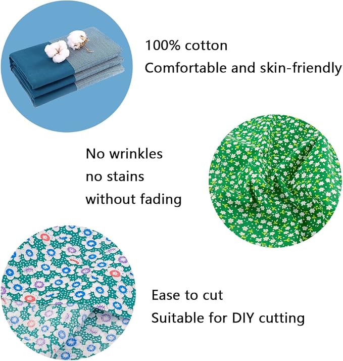 100% Cotton Fabric Bundle - 8 Pre-Cut Squares (20"x20"), Floral Pattern, Perfect for Beginners' Sewing, Quilting & Craft Projects - Green
