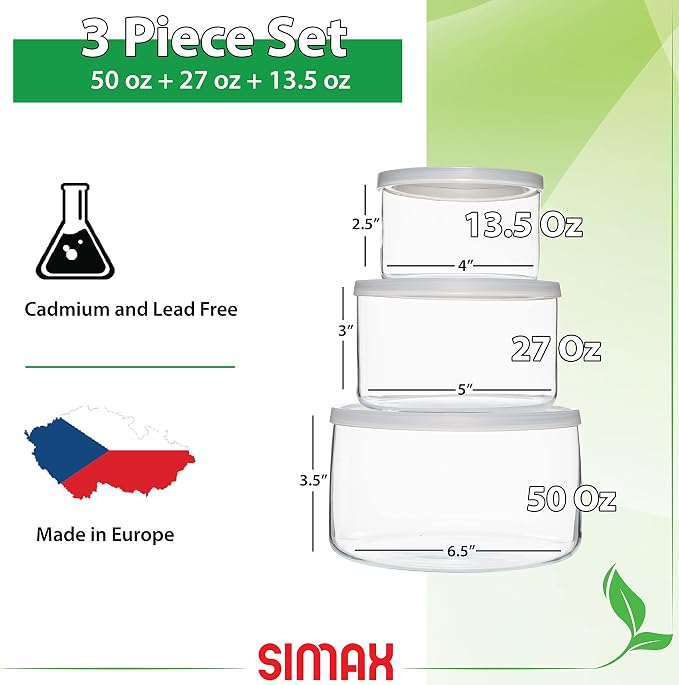 Simax Round Glass Containers With Lids: Airtight Borosilicate Meal Prep Containers 3 Pcs
