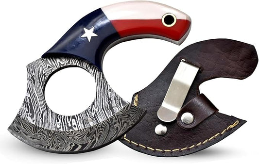 Custom Damascus Steel Ulu Knife Traditional Alaskan Ulu Multi-Purpose Pizza Cutter,Vegetable Chopping, Boning Slicing Cutting Texas Flag Resin Handle Leather Sheath (SUB-02)