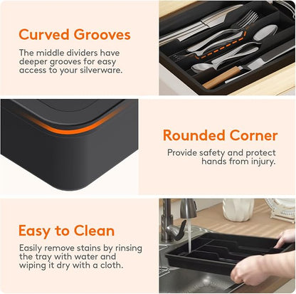 Lifewit Silverware Drawer Organizer Tray, Plastic Cutlery Storage for Kitchen, Flatware and Utensil Holder Divider for Spoons Forks Knives Tableware, 9.5 x 13.4", 5 Slots, Black