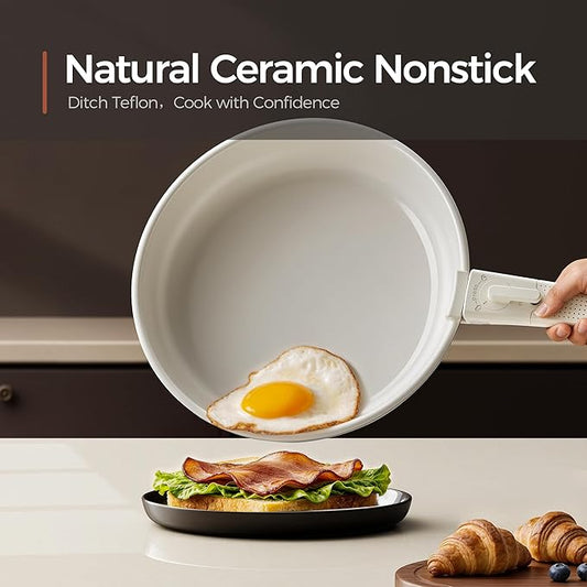 5PCS Pots and Pans Set Non Stick, Diamond-Titanium Ceramic Cookware Set & 3 Layer Stainless Steel with Detachable Handle, Induction Cookware, Non Toxic Oven/Dishwasher Safe, White