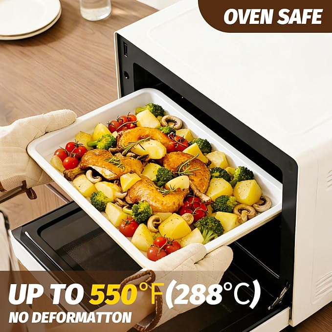 Nonstick Ceramic Baking Sheet with Rack, 2-Pack 13x9 Quarter Sheet Pan,(External 10x14), Non-Toxic PTFE & PFOA Free Warp-Free Oven Safe 550°F Dishwasher Safe, Aluminized Steel, Gray Yellow