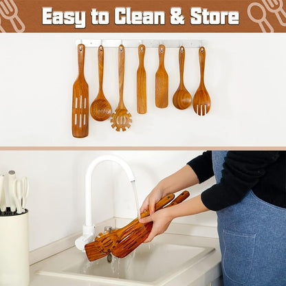 Wooden Spoons for Cooking 11Pcs Natural Acacia Wooden Kitchen Utensil Set, Spatula Spurtles Salad Fork Spoon Set, Non-Stick, Comfortable Grip, As Seen On TV Wooden Cooking Utensils