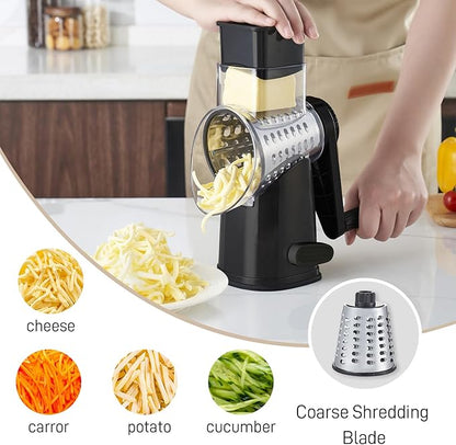 Weltonhm Rotary Cheese Grater with 4 Blades, Large Hand Crank Cheese Grater with Waffle Slicer, Black and White Cheese Slicer with Suction Base, Easier for Shredding& Grating (black, 4 Graters)