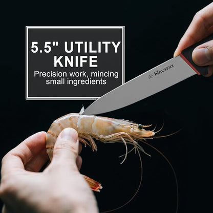5-Piece Professional Kitchen Knife Set - 8" Chef, 7" Santoku, 5.5" Utility Knives, In-Drawer Knife Storage & Sharpener - Non-Slip Softgrip Handle for Home Kitchen