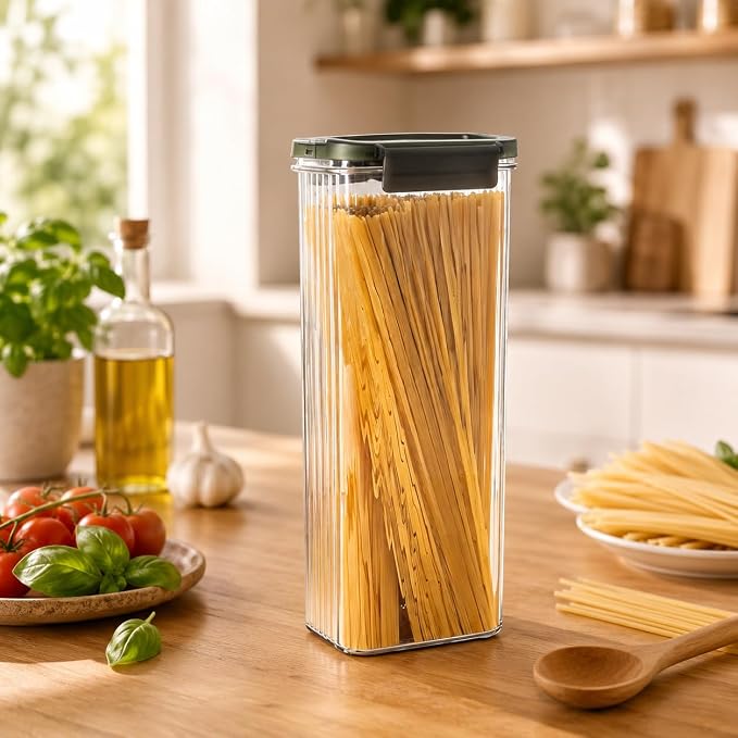 Plastic Pasta Containers, Spaghetti Container Storage, 74oz Set of 3 with Easy-Seal Lid, Pasta Storage Containers, Airtight Square Food Storage Jars for Spaghetti, Pasta, Flour, Oats, Cereal.