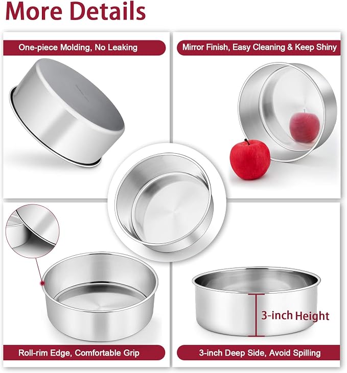 P&P CHEF 9.5 Inch Cake Pans Set, Round Baking Pan Stainless Steel Layer Birthday Wedding Cake Oven Pans, Non Toxic & Heavy Duty, Deep Side & Mirror Finish, Dishwasher Safe, (2Pcs)