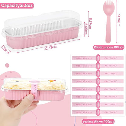 6.8oz Mini Loaf Pans with Lids, 100 Pcs Disposable Rectangular Aluminum Cake Pans, Pink Mini Baking Pans with Lids and Spoons, Includes 20 Pink Gift Bags, Small Cake Tins Ideal for Mini Cakes