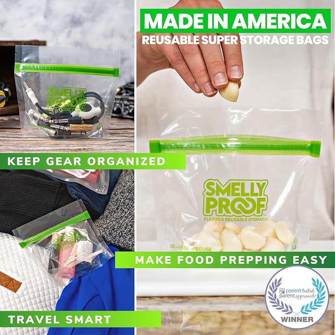 Smelly Proof 50 x Expandable Stand-Up & Fill REUSABLE Food Storage Bags, US Made, NO PEVA & BPA FREE, Reusable Freezer Bags, Dishwasher-Safe, Clear 3 mils STAND & FILL 4" x 3" - 50pk