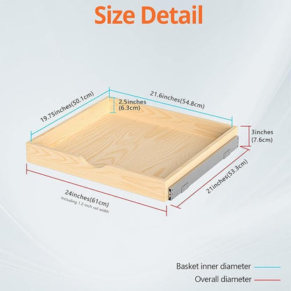 ZOINLIY 24''W X 21''D X 3''H Wooden Pull Out Drawer for Cabinet, Cabinet Organizer for Kitchen, Soft Close Slide Out Shelves, Heavy Duty, Full-Extension