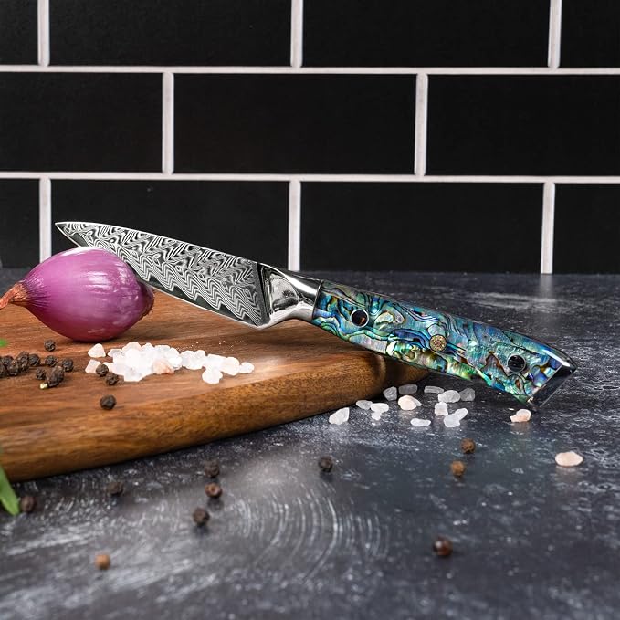 SENKEN Damascus Steel 3.5" Paring Knife with Real Deep-Sea Abalone Shell Handle - Damascus Peeling Knife - 67-Layer Japanese VG10 Forged Steel Blade, Integrated Full-Tang Molding (3.5" Paring Knife)