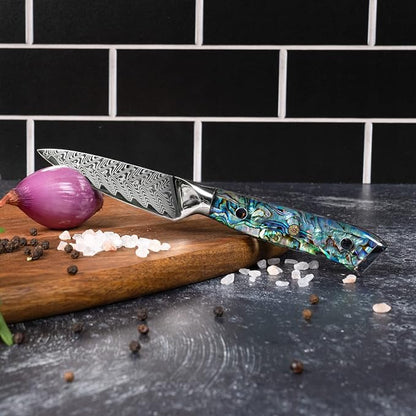 SENKEN Damascus Steel 3.5" Paring Knife with Real Deep-Sea Abalone Shell Handle - Damascus Peeling Knife - 67-Layer Japanese VG10 Forged Steel Blade, Integrated Full-Tang Molding (3.5" Paring Knife)